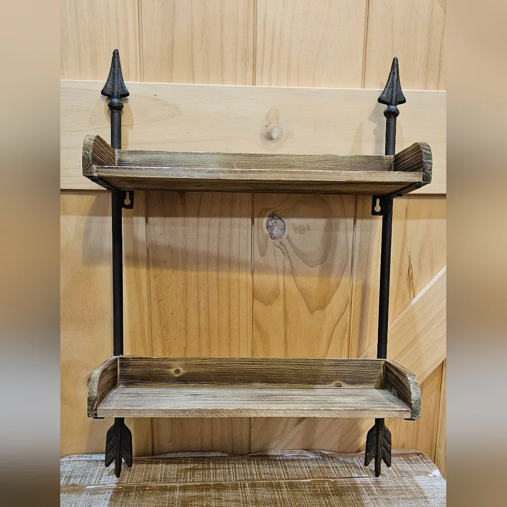 Arrow Detail Rustic Wood and Metal Two Tier Wall Shelf